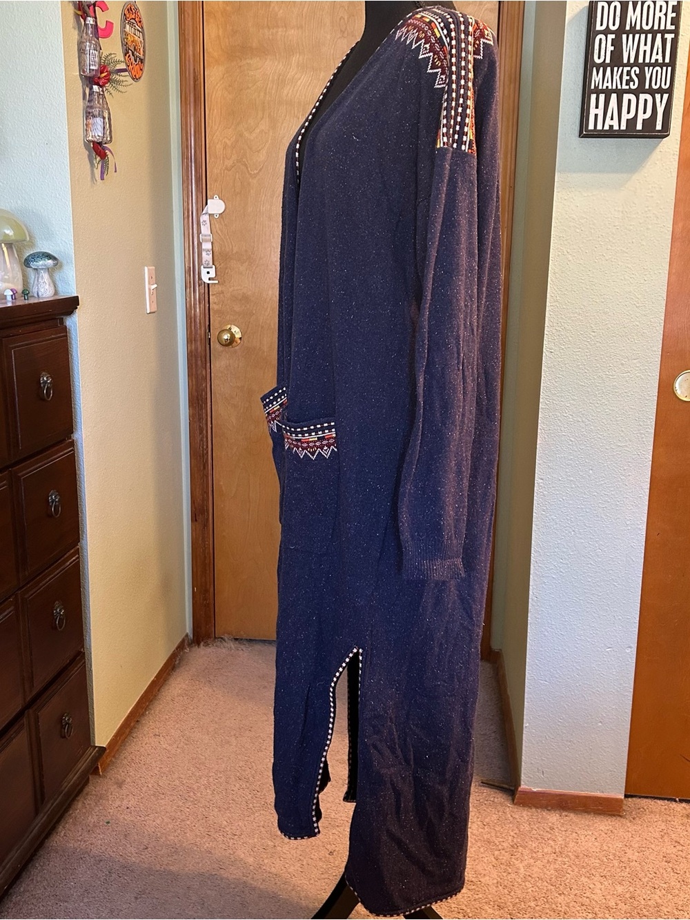 Soft Surroundings navy blue with aztec trim long open front duster cardigan - Picture 4 of 8